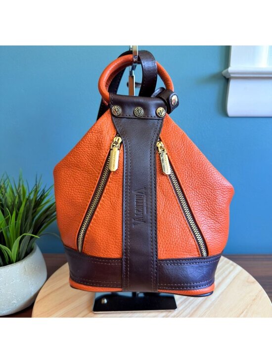 Valentina Handbags - Valentina Italian Leather Shoulder Backpack Pebbled Orange Brown Many Pockets